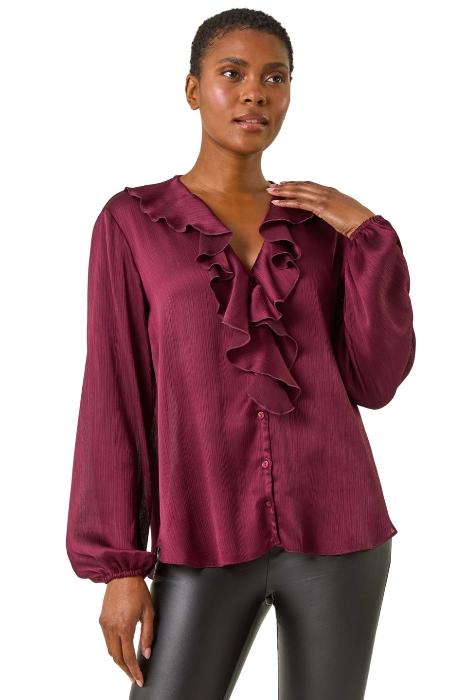 Roman Burgundy Ruffle Front V Neck Satin Blouse Matalan