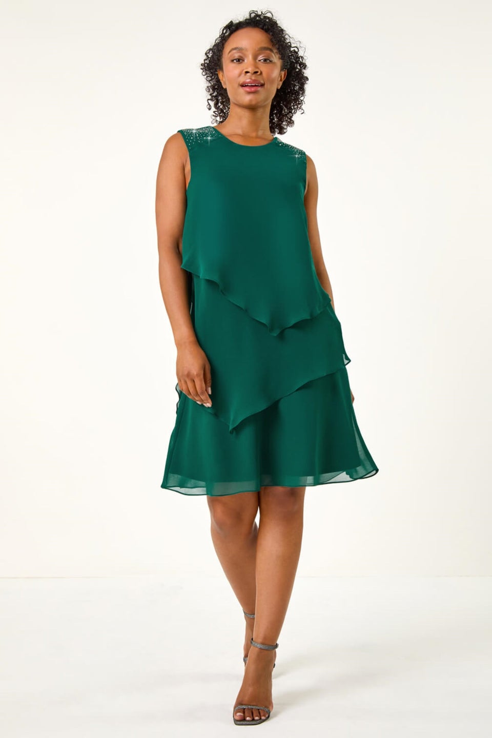 Roman Green Petite Embellished Tiered Shift Dress