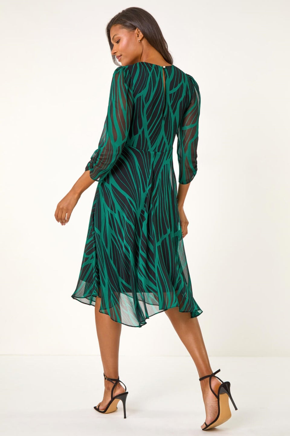 Roman Green Abstract Print Wrap Hanky Hem Midi Dress