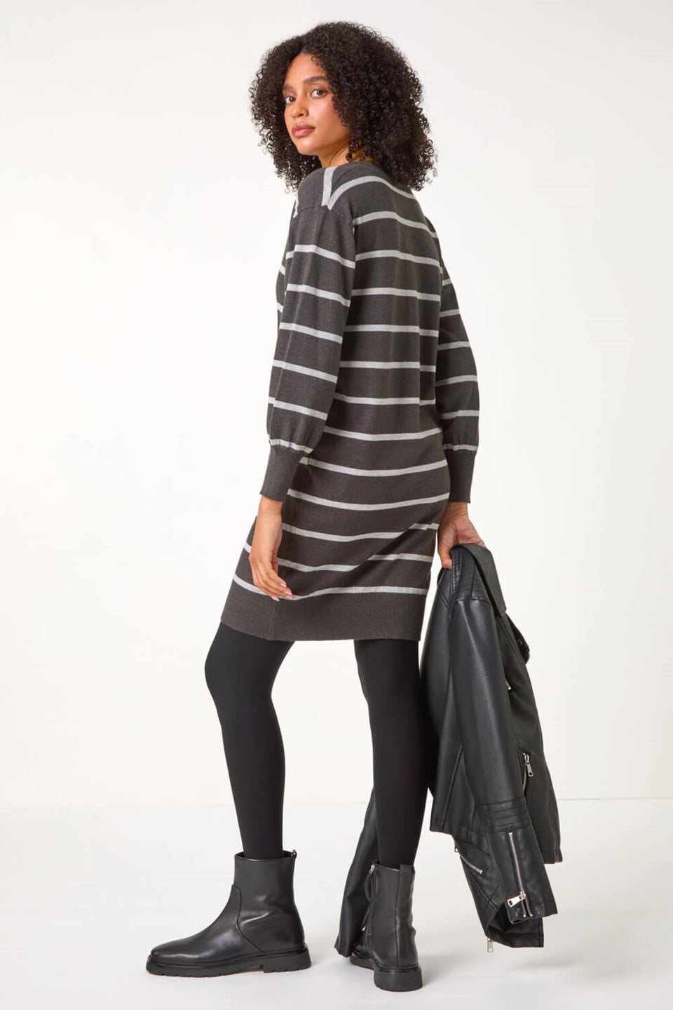 Roman Charcoal Stripe V-Neck Knit Jumper Dress