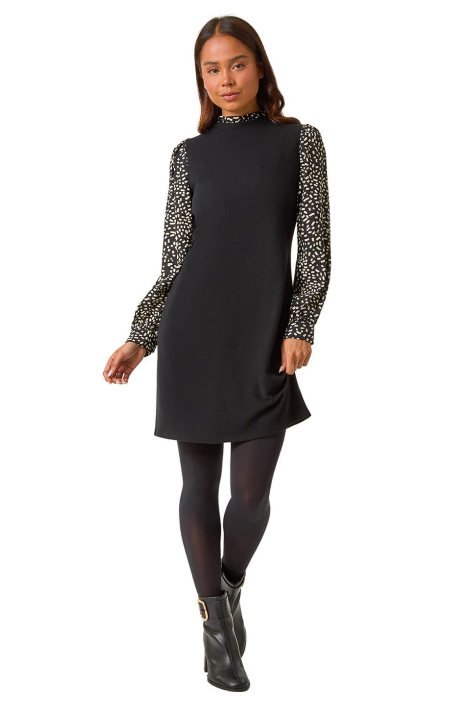Roman Black Petite Contrast Frill Neck Stretch Dress