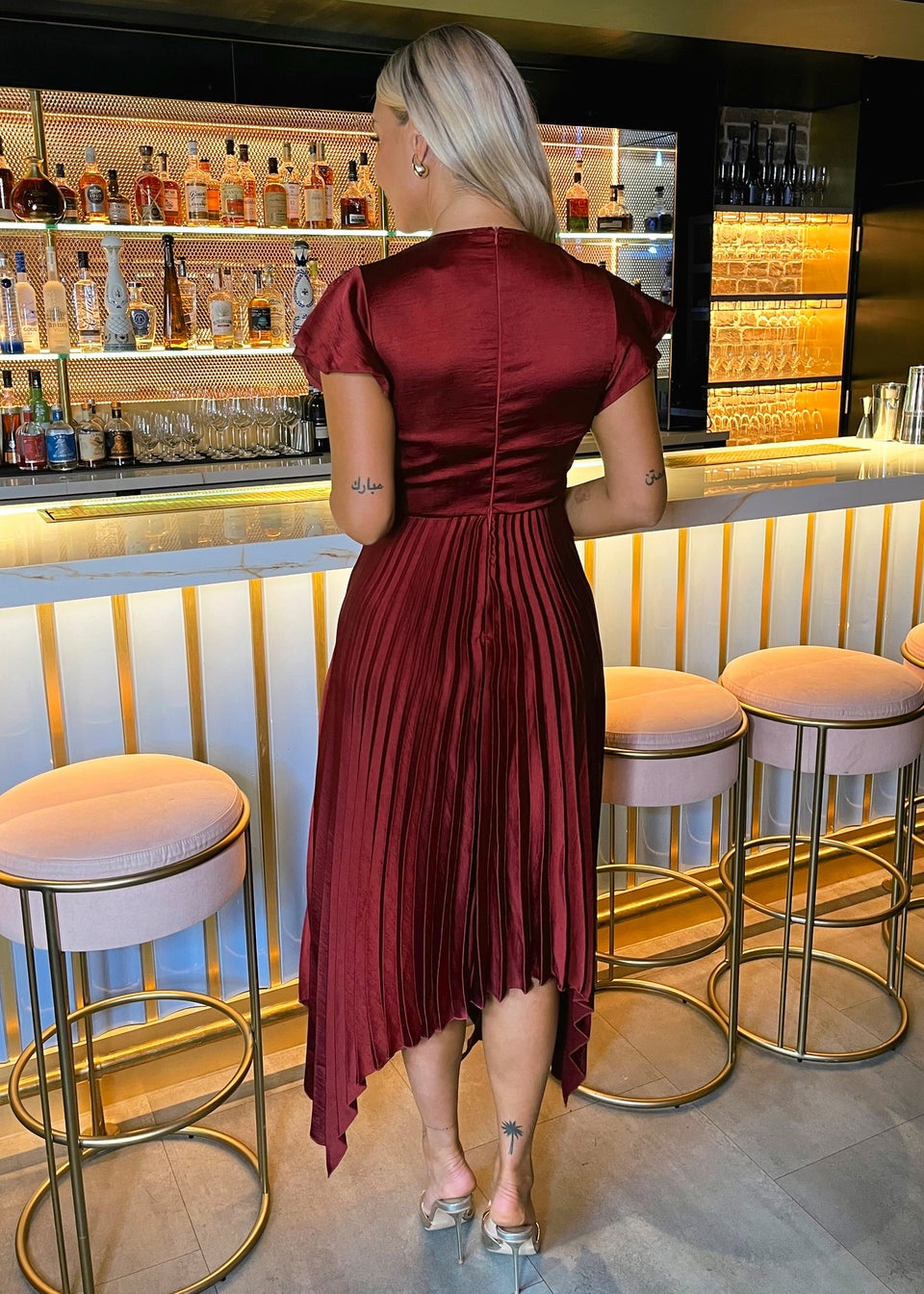 AX Paris Wine Wrap Top Zig Zag Hem Pleated Midi Dress