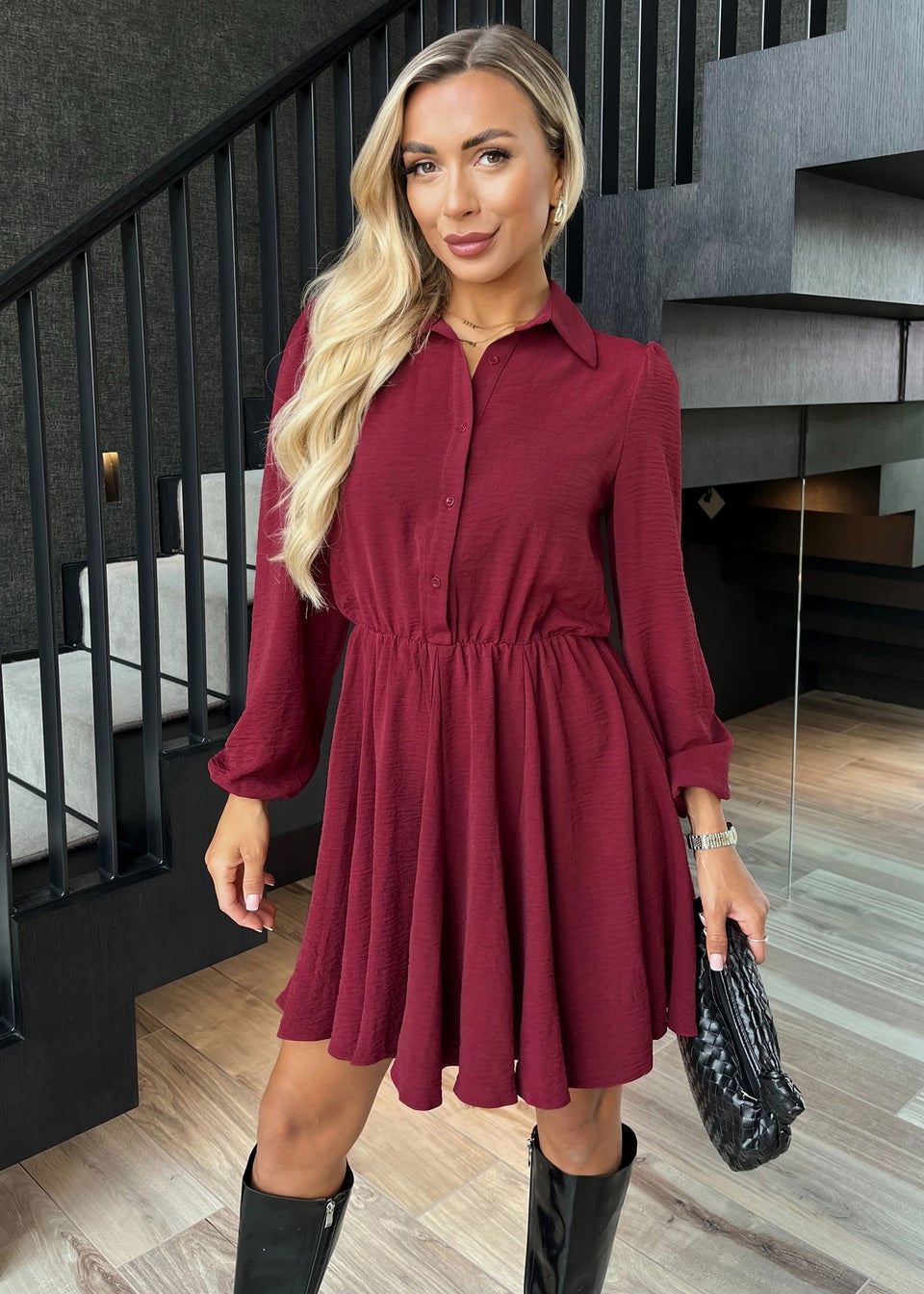AX Paris Wine Long Sleeve Mini Skater Dress Matalan