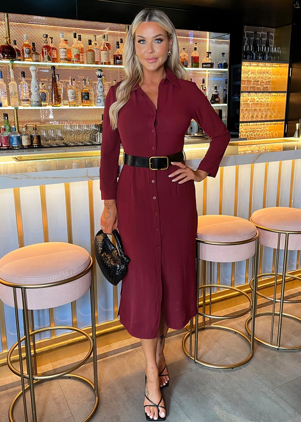 AX Paris Wine Button Front Belted Shirt Midi Dress