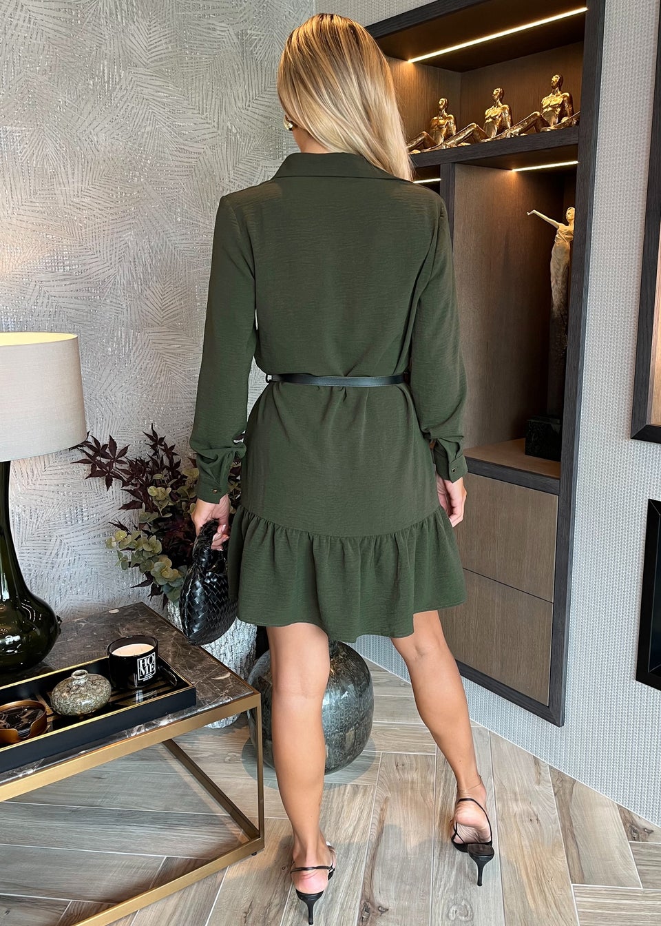 AX Paris Olive Long Sleeve Frill Hem Shirt Mini Dress Matalan