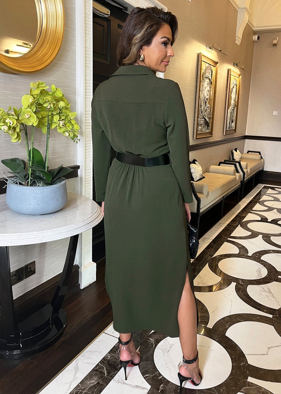 AX Paris Olive Button Front Belted Shirt Midi Dress