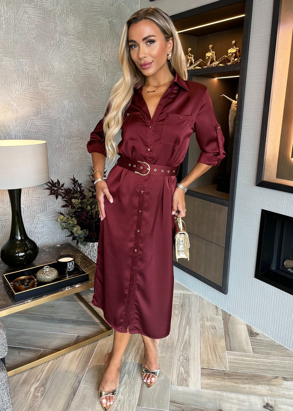 AX Paris Wine Satin Belted 3/4 Sleeve Gold Buttons Shirt Midi Dress