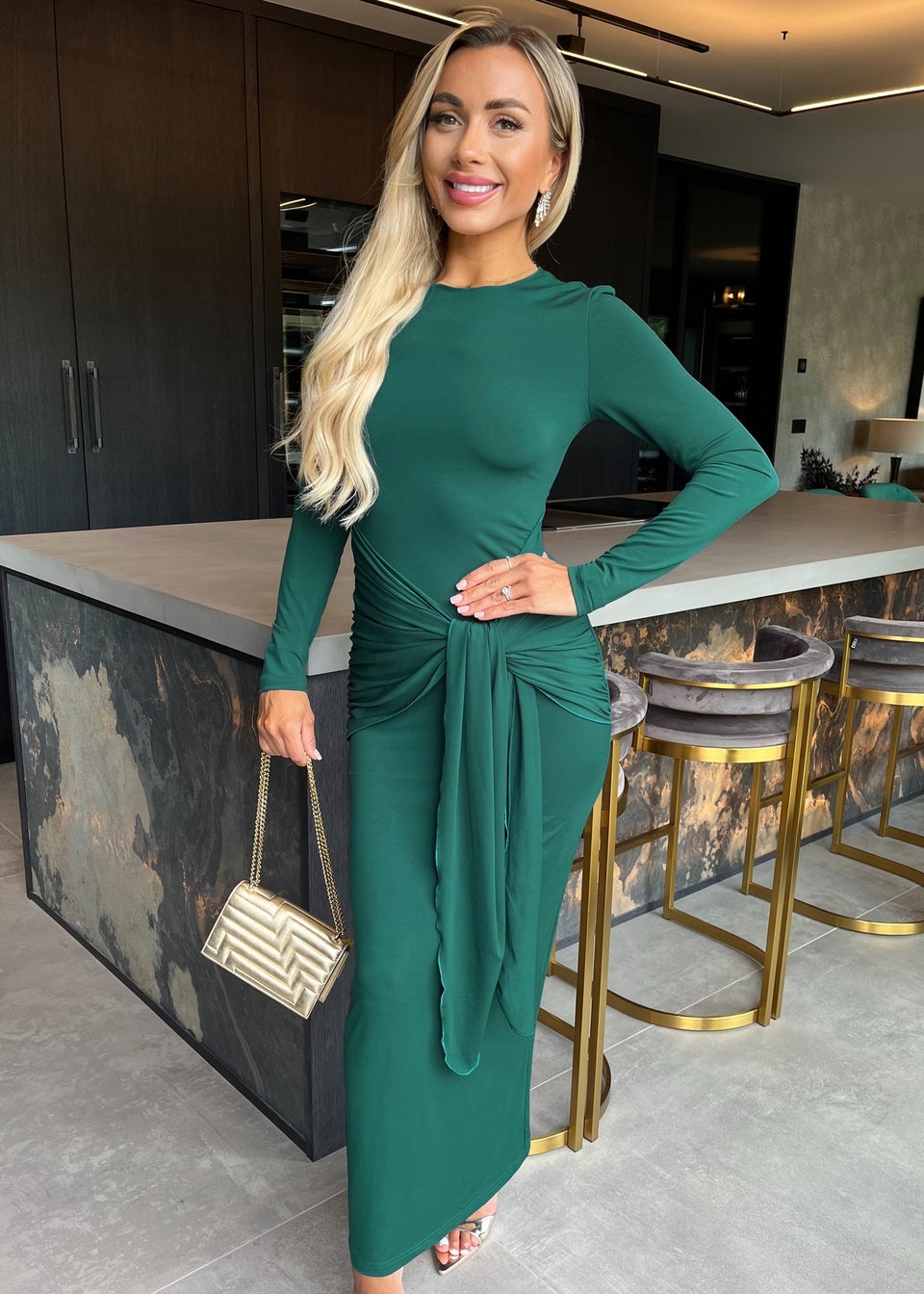 AX Paris Teal Long Sleeve Sash Bodycon Midi Dress