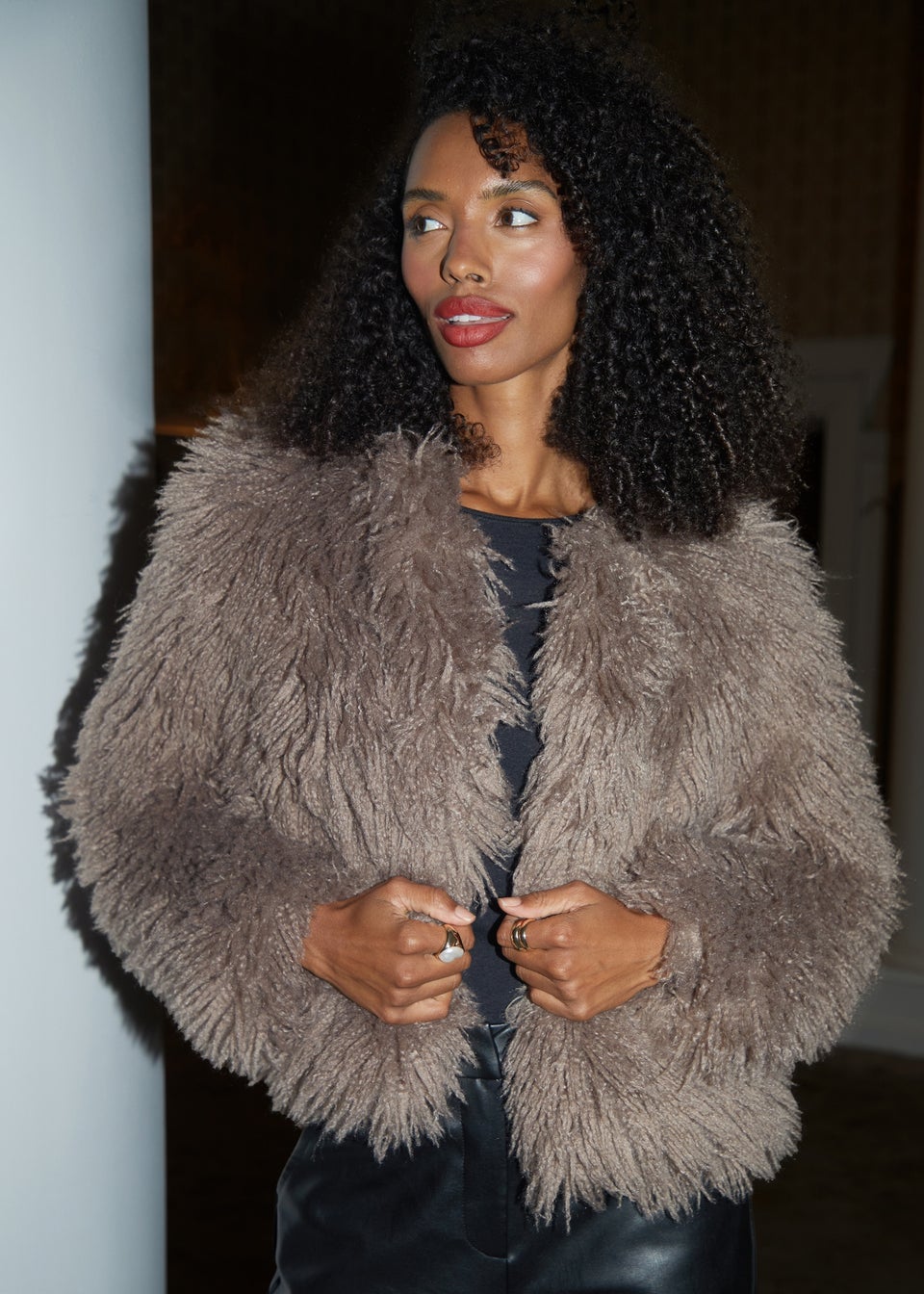 Threadbare Taupe Ernie Mongolian Faux Fur Vintage Style Coat Matalan