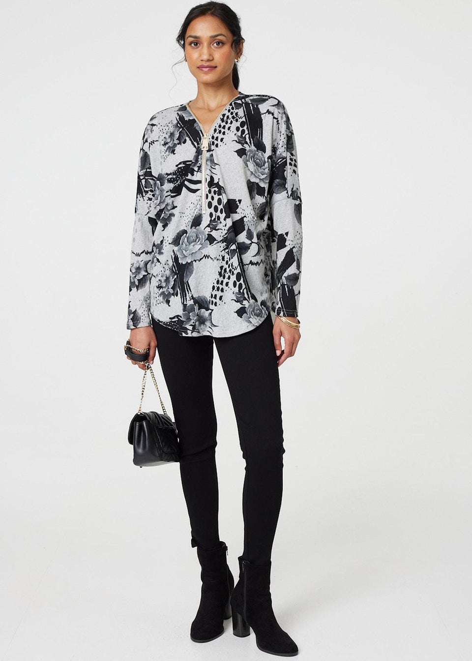Izabel London Grey Floral Zip Front V-Neck Sweatshirt