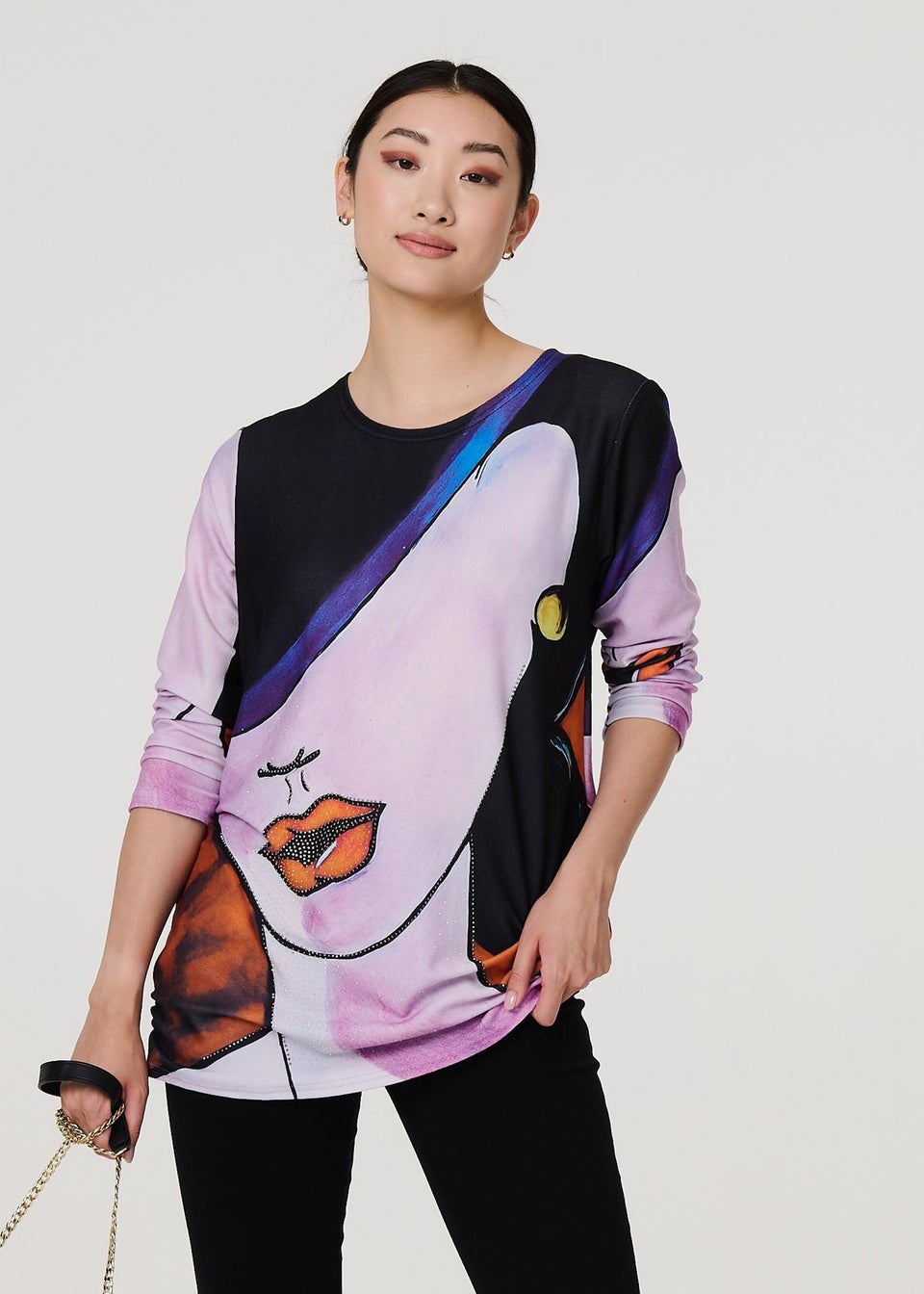 Izabel London Pink Abstract Diamante Detail Long Sleeve Top