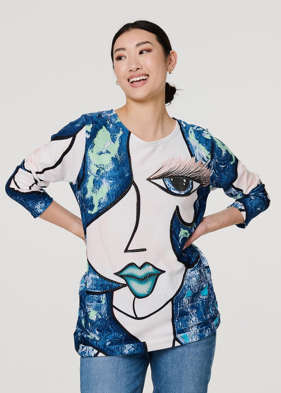 Izabel London Blue Graphic Diamante Print Long Sleeve Top