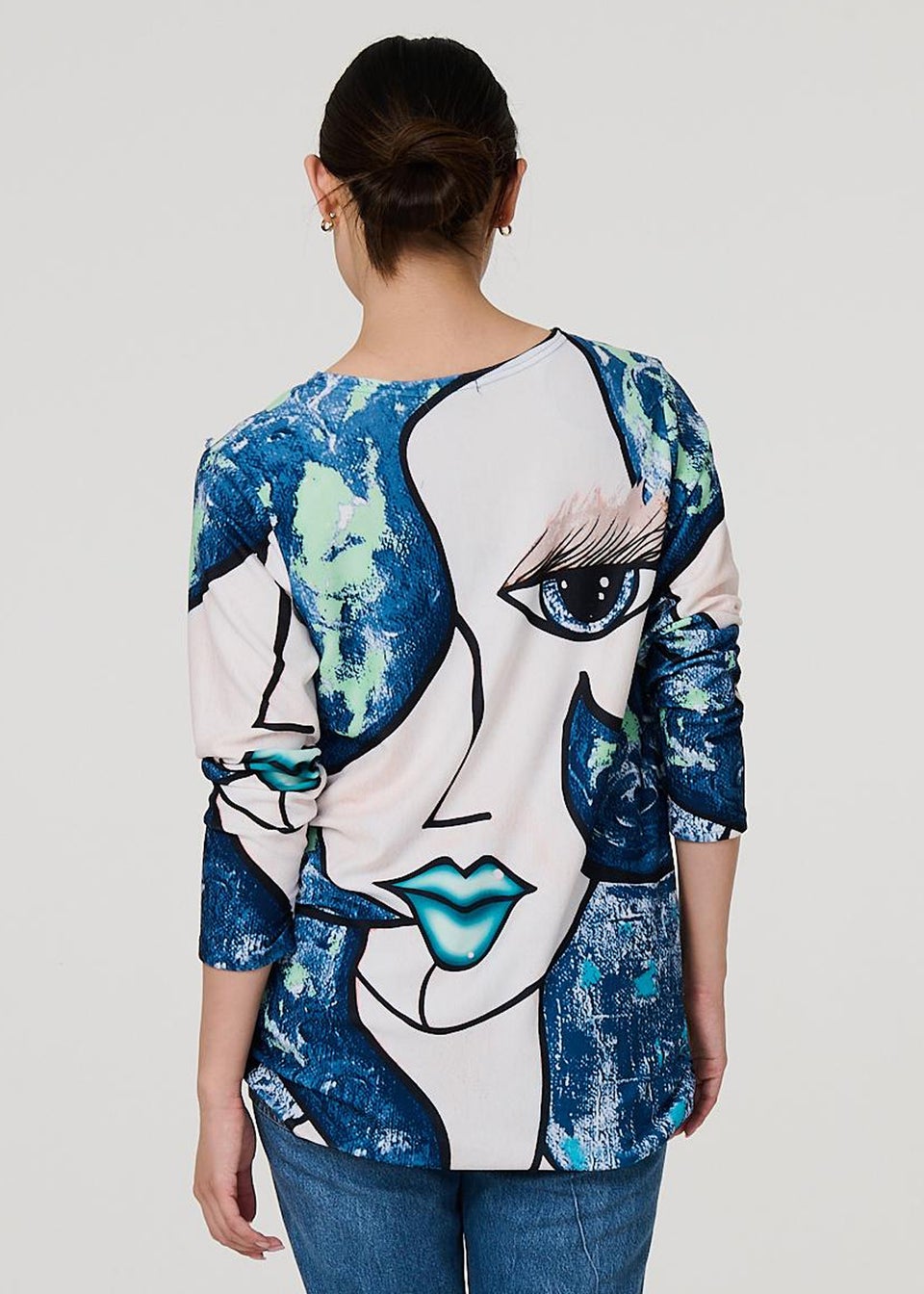 Izabel London Blue Graphic Diamante Print Long Sleeve Top