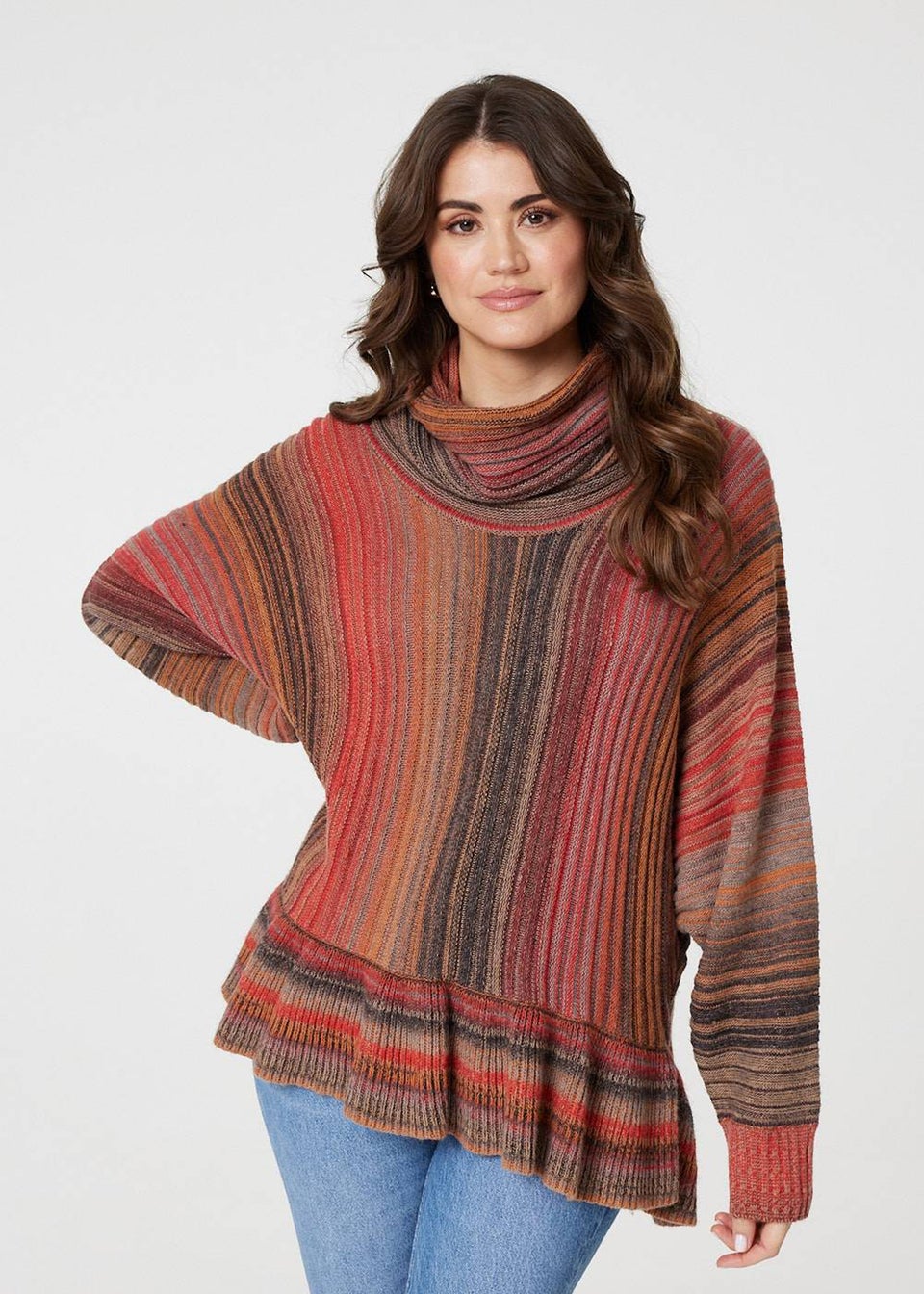 Izabel London Orange Striped Oversized Frill Roll Neck Jumper