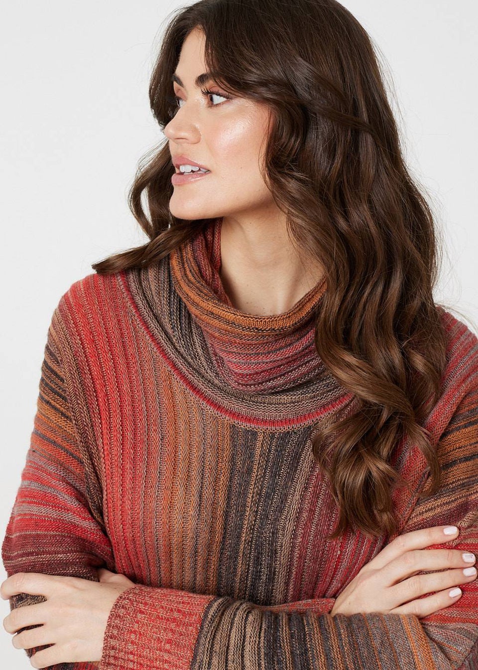 Izabel London Orange Striped Oversized Frill Roll Neck Jumper