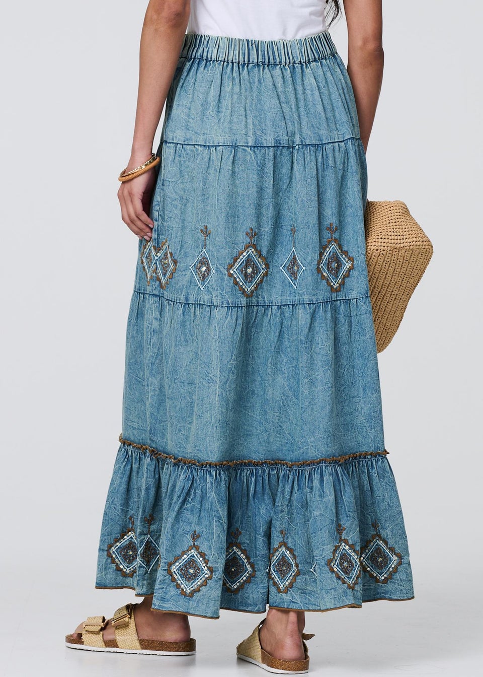 Izabel London Blue Embroidered Tiered Tassel Waist Maxi Skirt