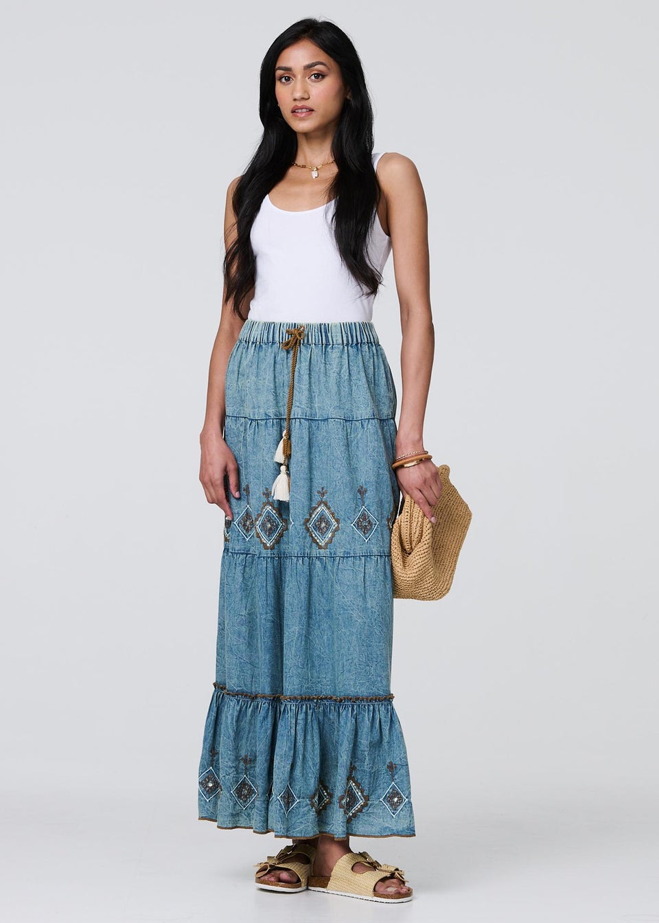Izabel London Blue Embroidered Tiered Tassel Waist Maxi Skirt