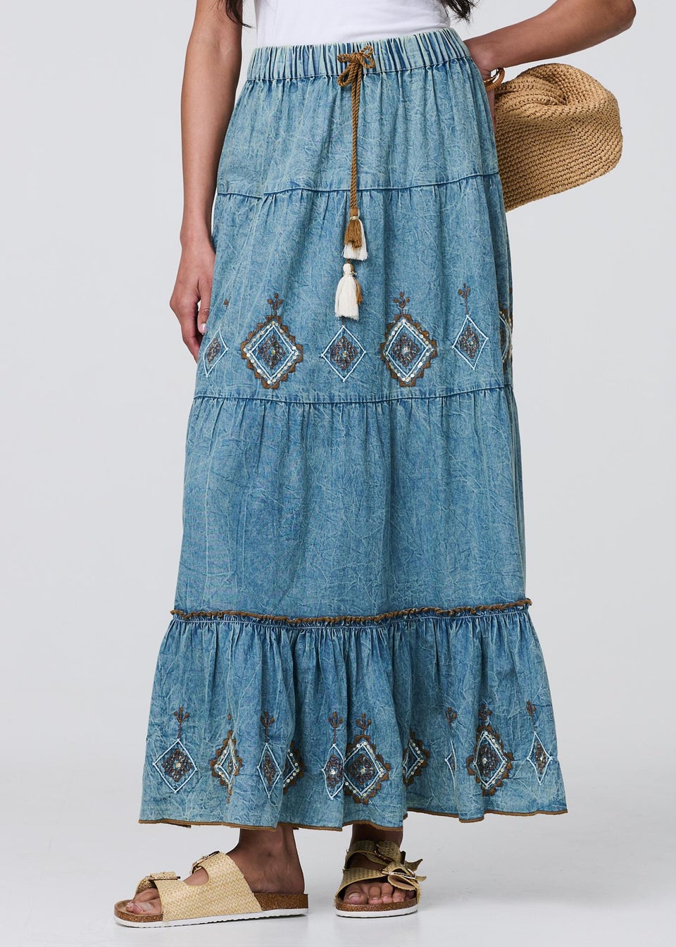 Izabel London Blue Embroidered Tiered Tassel Waist Maxi Skirt