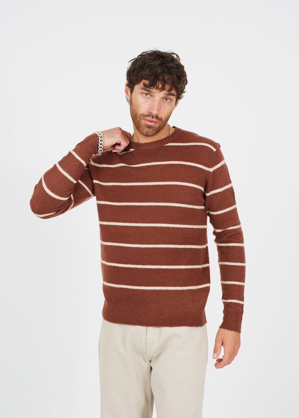 Brave Soul Brown Crew Neck Striped Textured Knit Jumper