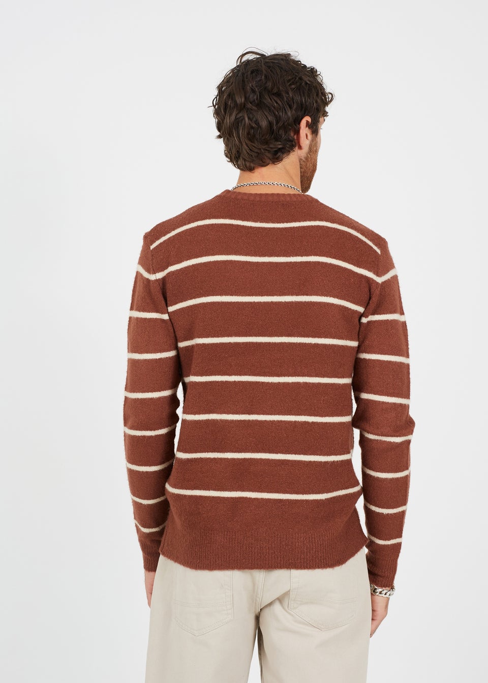 Brave Soul Brown Crew Neck Striped Textured Knit Jumper