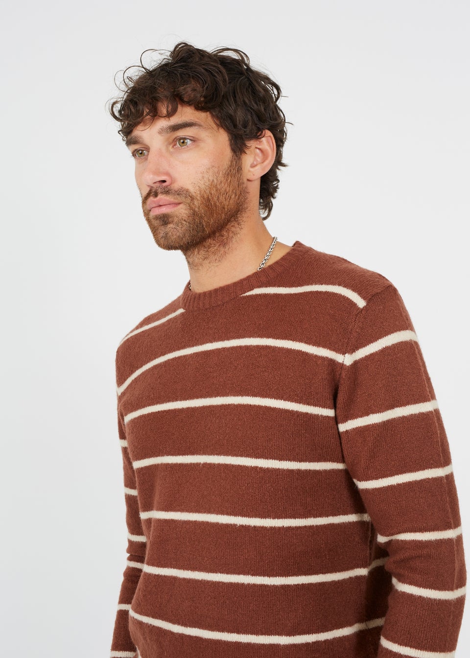 Brave Soul Brown Crew Neck Striped Textured Knit Jumper