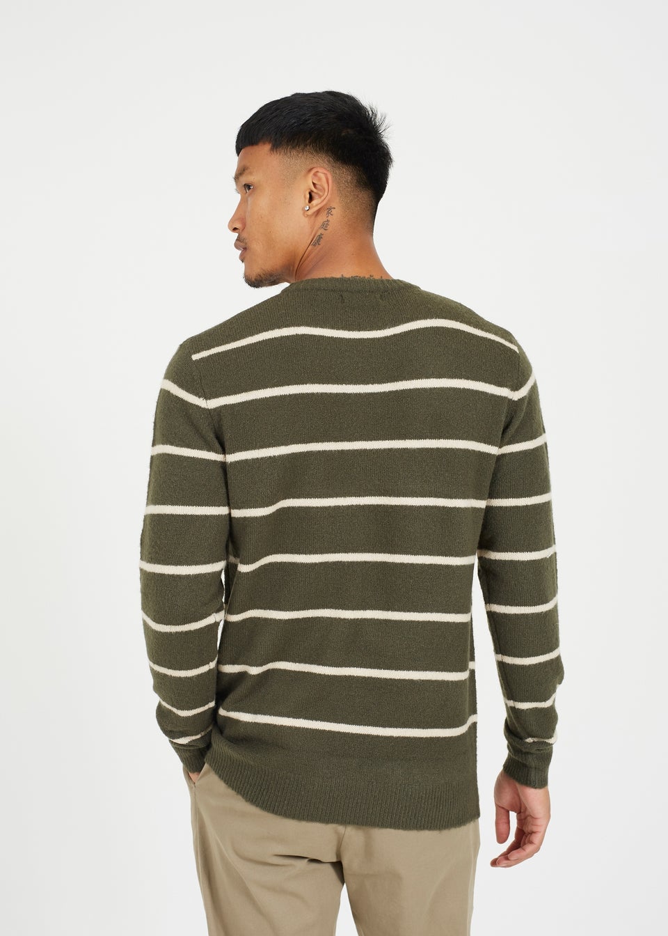 Brave Soul Dark Green Crew Neck Striped Textured Knit Jumper