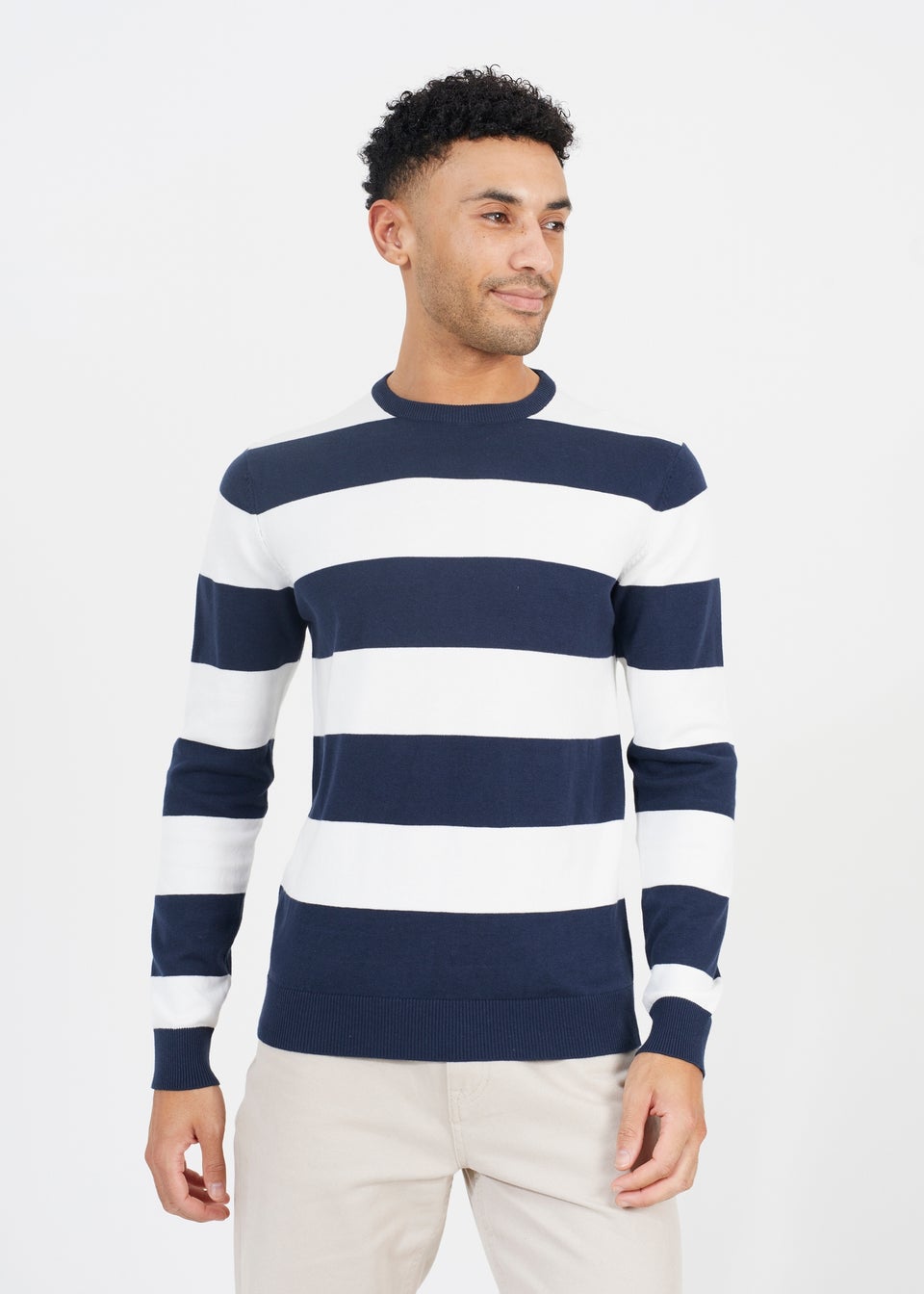 Brave Soul Navy Cotton Crew Neck Block Striped Knit Jumper