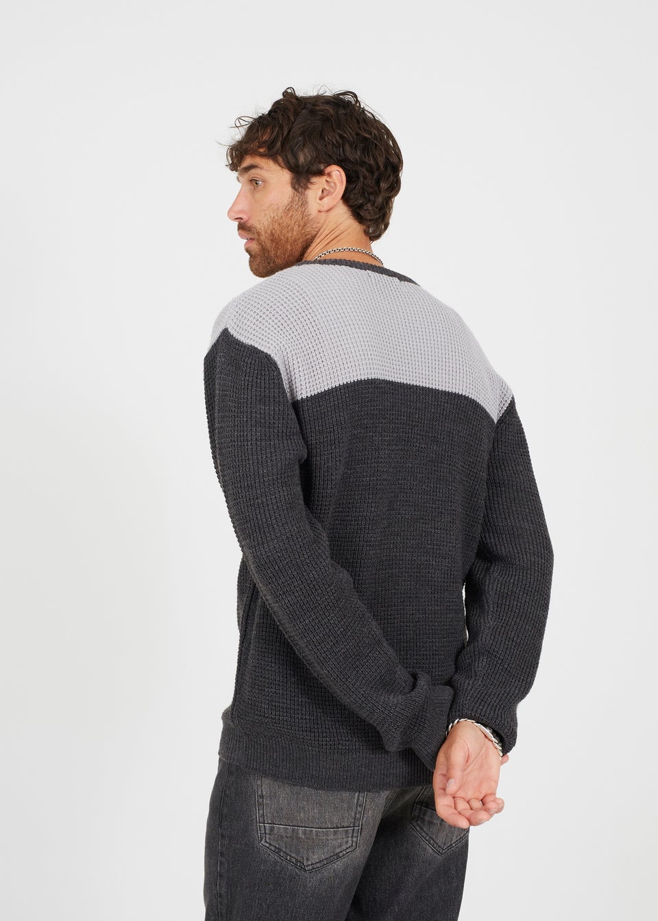 Brave Soul Charcoal Crew Neck Knit Jumper with Contrast Panel