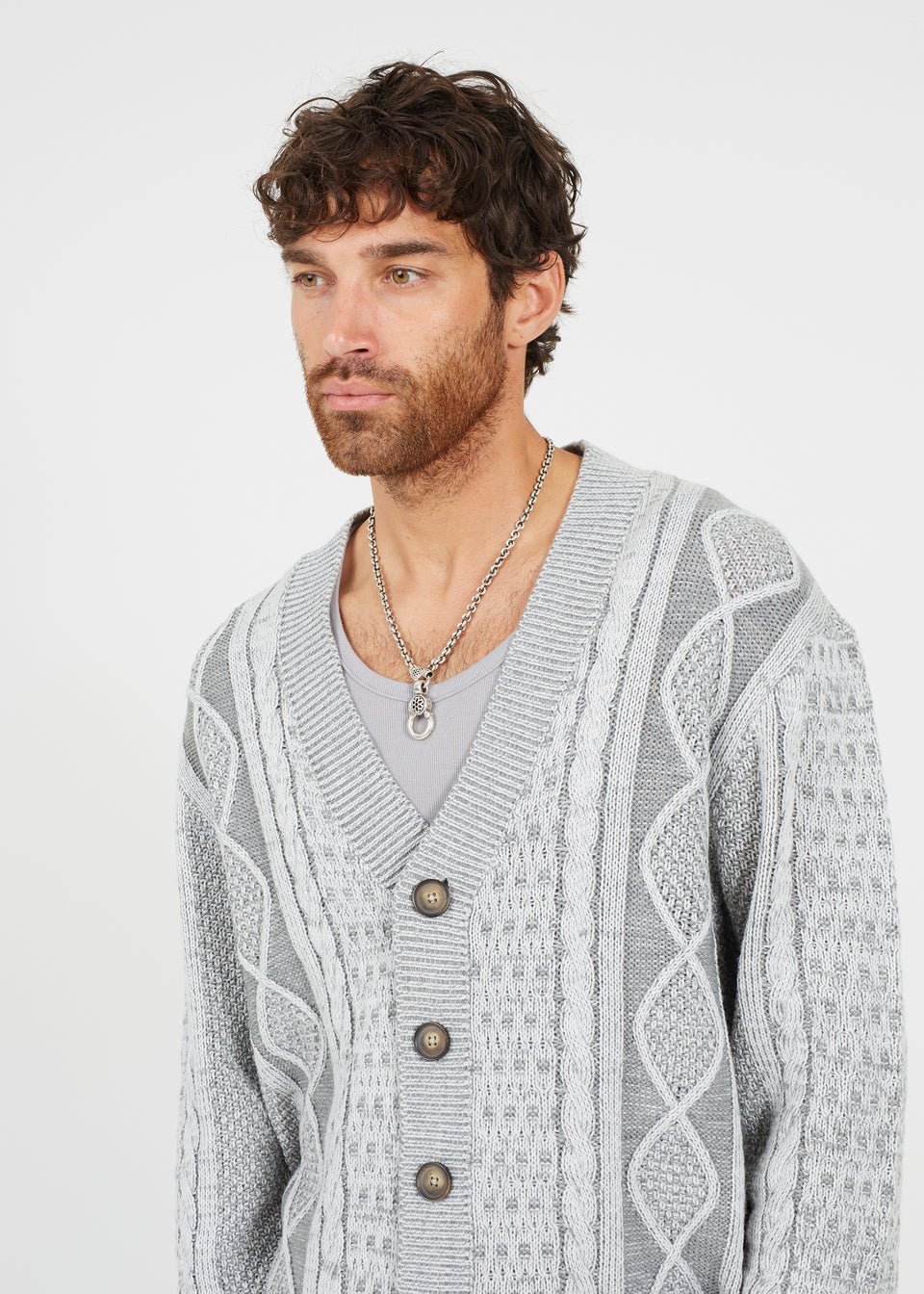 Brave Soul Grey Button Through Oversized Cable Knit Cardigan