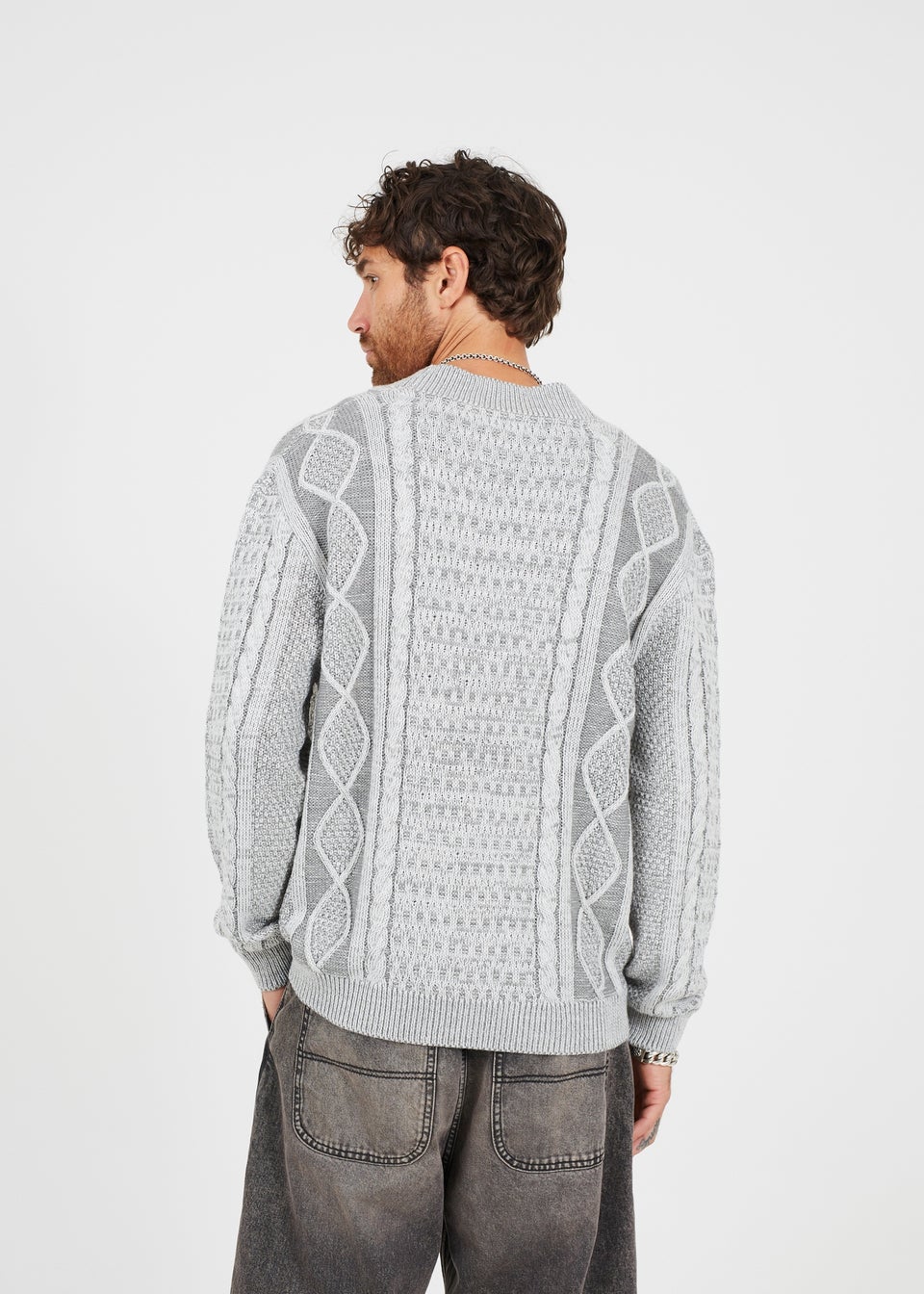 Brave Soul Grey Button Through Oversized Cable Knit Cardigan