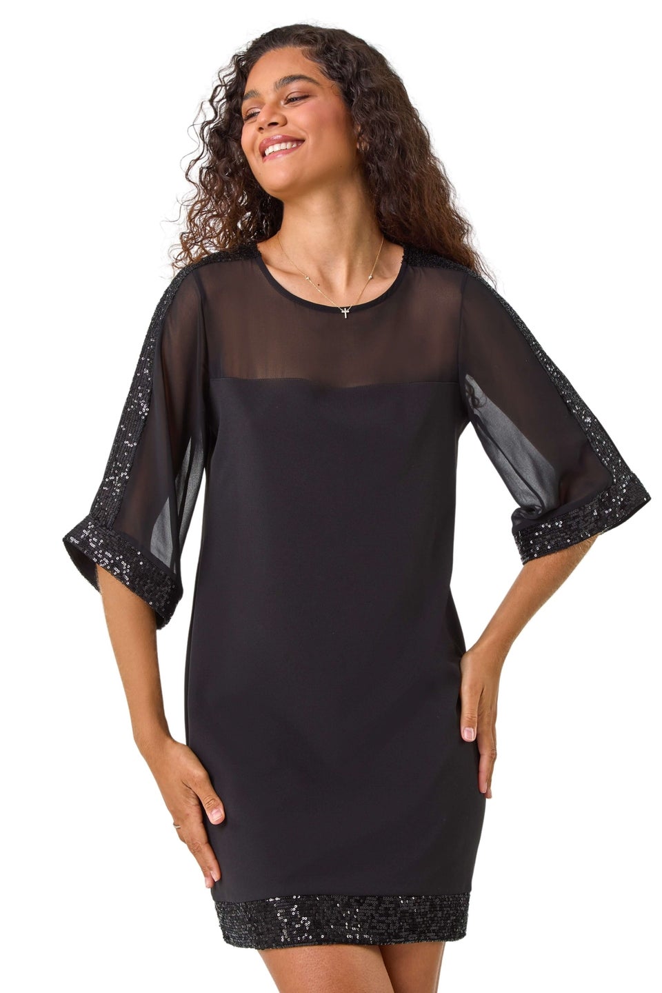 Roman Black Sequin Trim Shift Dress Matalan