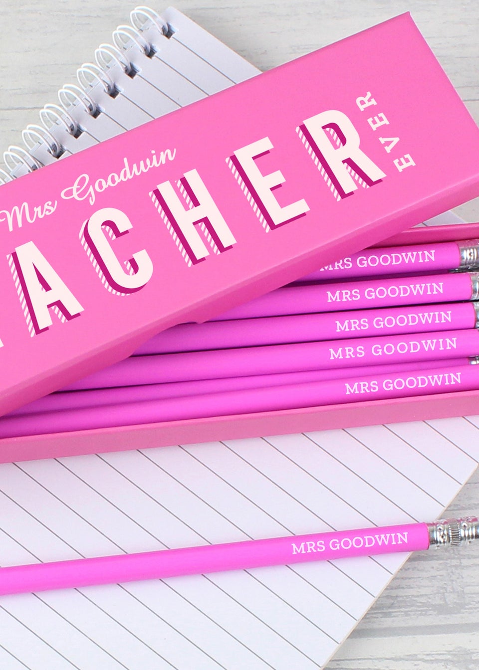 Personalised Memento Company Pink Best Teacher Ever Box with 12 Pink HB Pencils