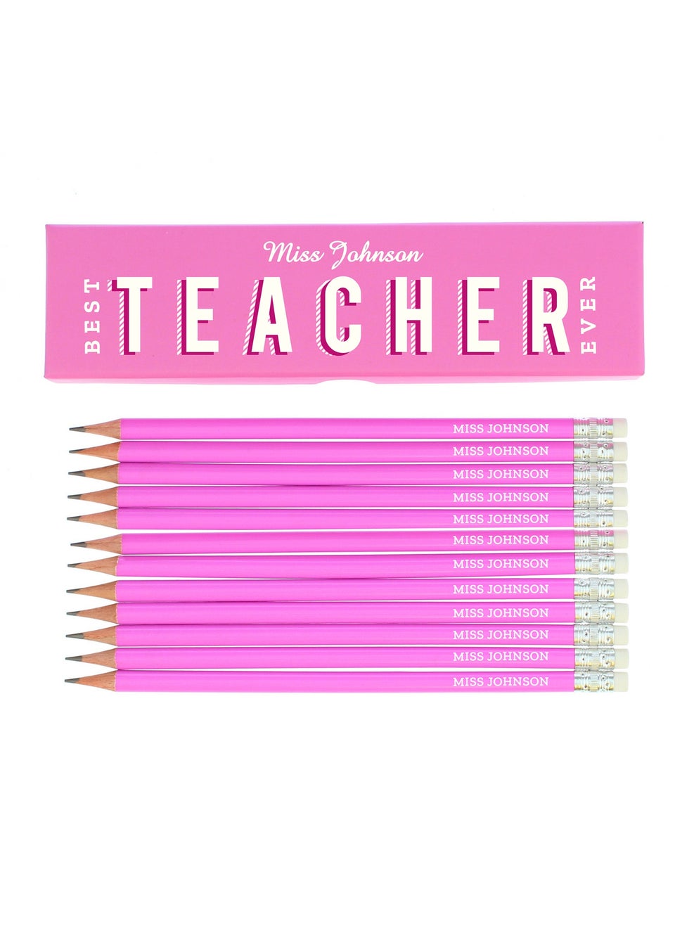 Personalised Memento Company Pink Best Teacher Ever Box with 12 Pink HB Pencils