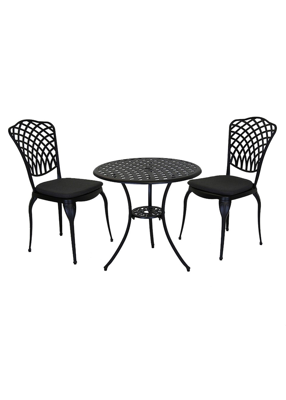 Charles Bentley Cast Aluminium Black Bistro Table & 2 Chairs Set (Dia. 70cm H68cm)