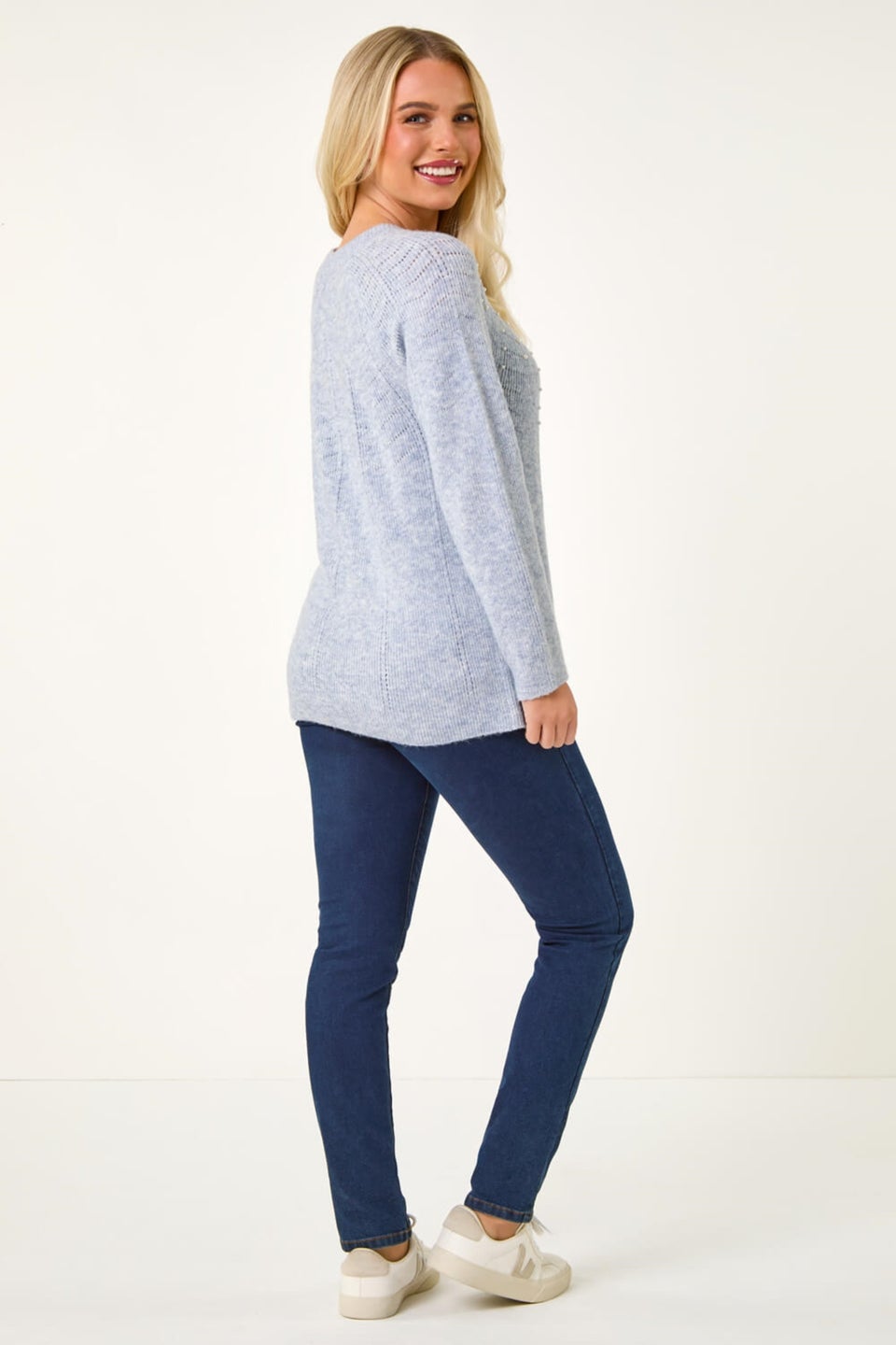 Roman Blue Petite Pearl Detail Knit Jumper