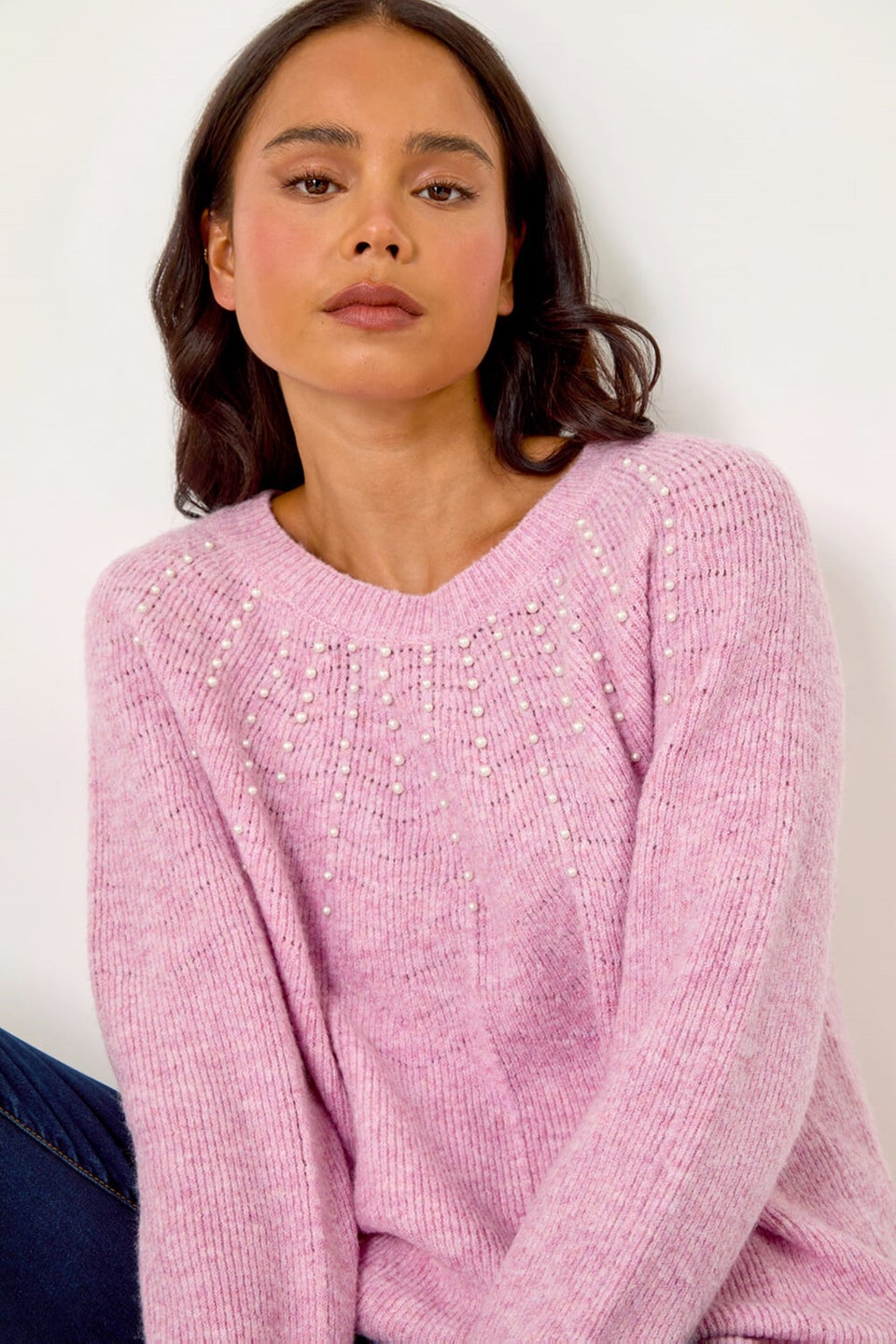 Roman Pale Pink Petite Pearl Embellished Knit Jumper