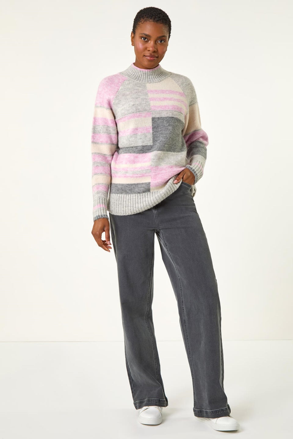 Roman Light Grey Stripe Colour Block Knitted Jumper