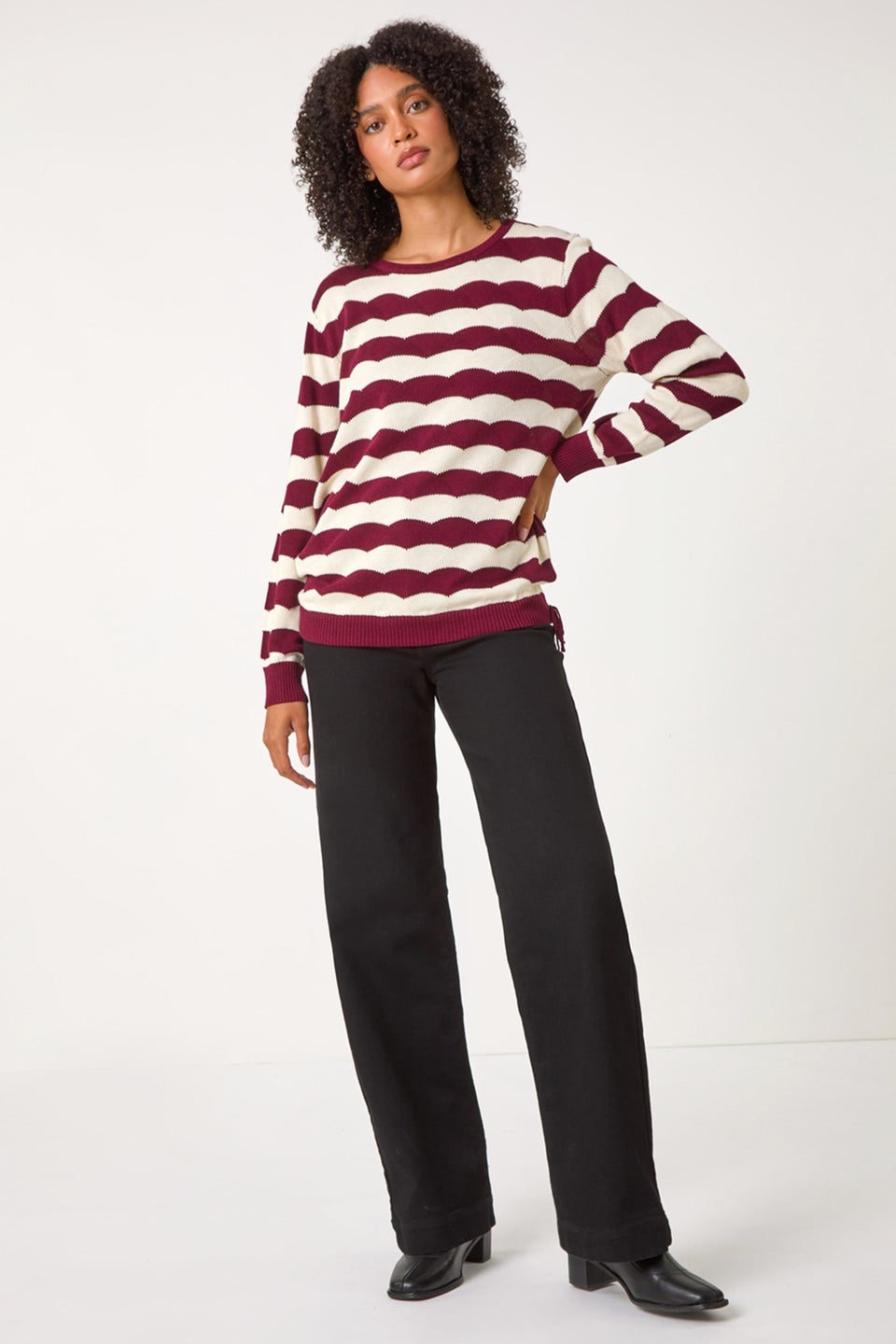 Roman Burgundy Striped Scallop Cotton Blend Tie Jumper