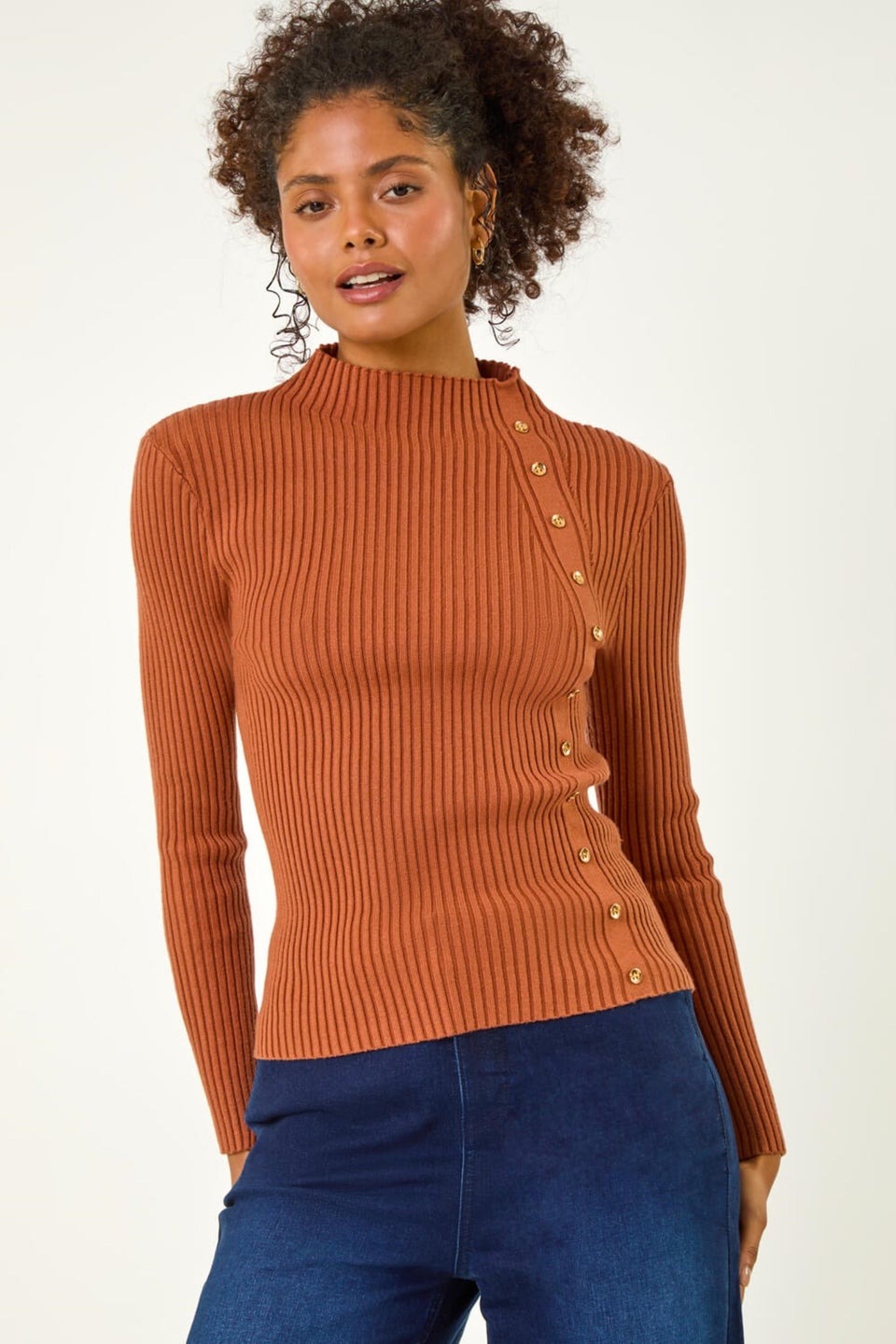 Dusk Mocha Dusk High Neck Button Detail Rib Jumper