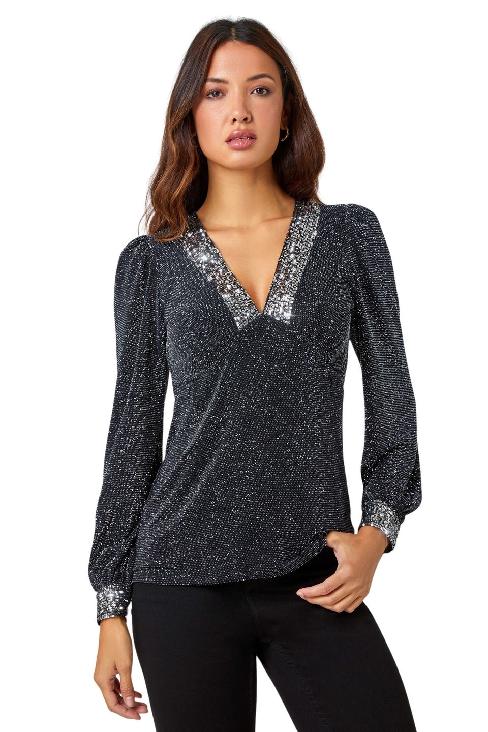 Roman Silver Sequin Trim Shimmer Stretch Top
