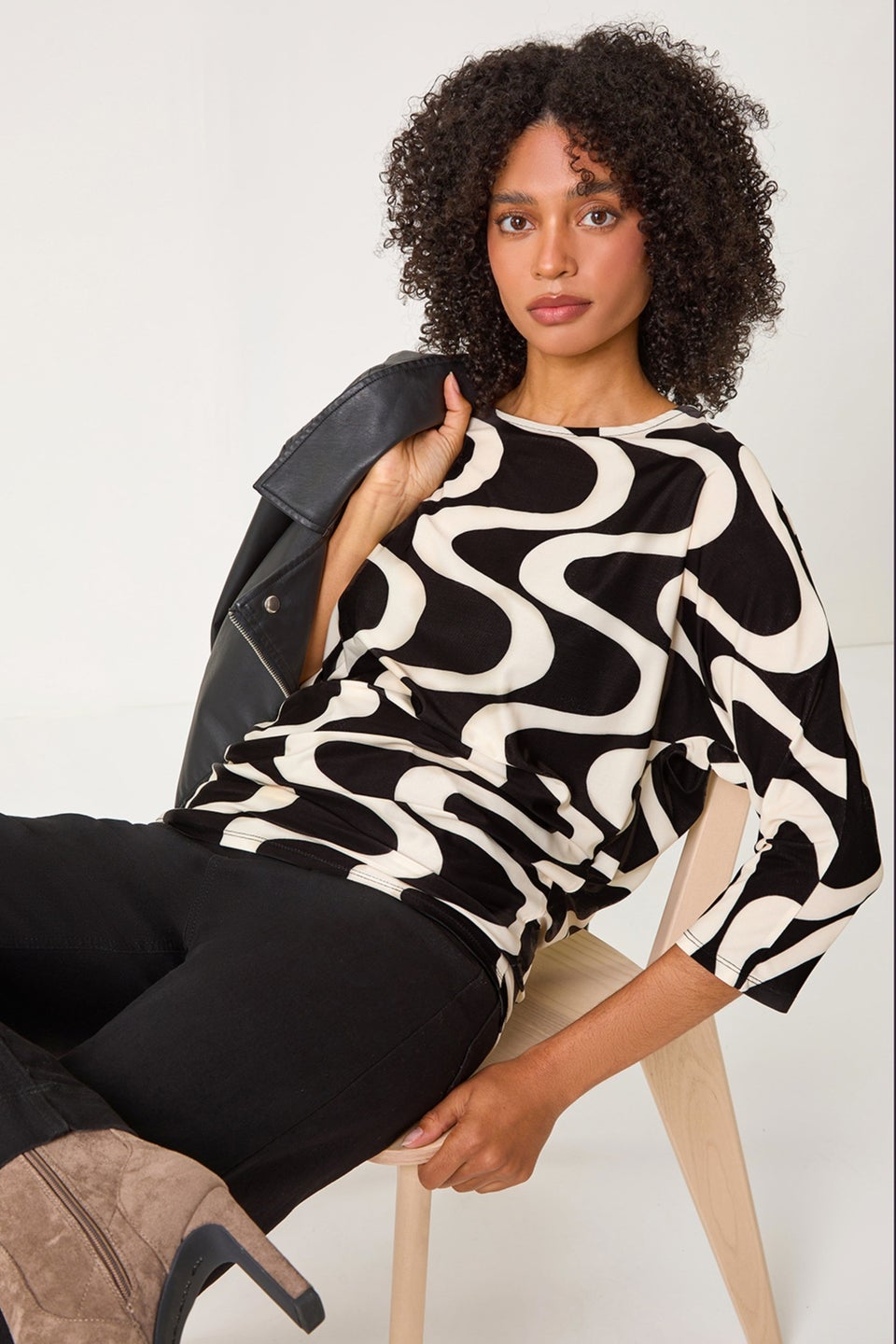 Roman Black Swirl Print Stretch Top