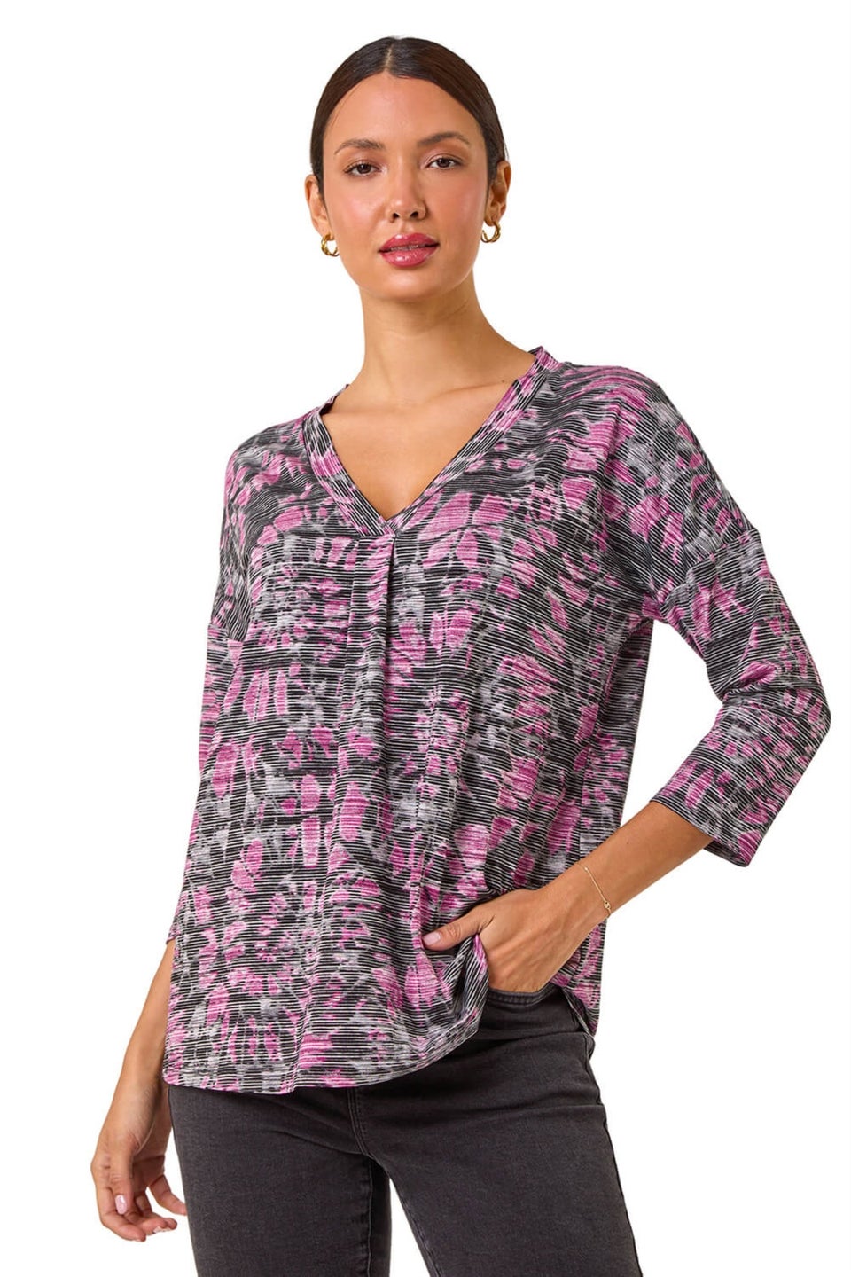 Roman Pink Abstract Print Pleat Front Top