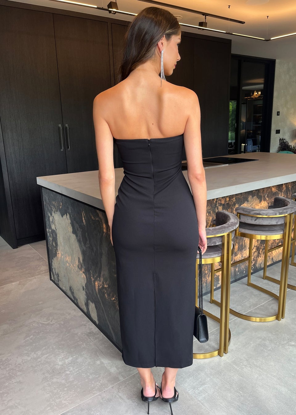 AX Paris Black Strapless Faux Feather Detail Midi Dress