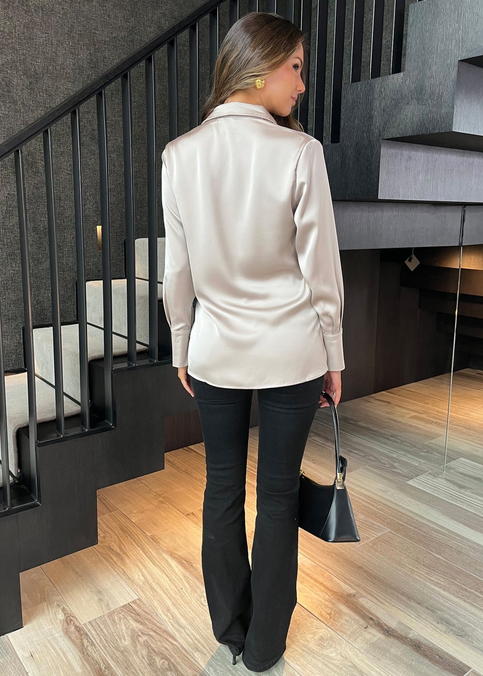 AX Paris Oyster Satin Long Sleeve Gold Button Shirt