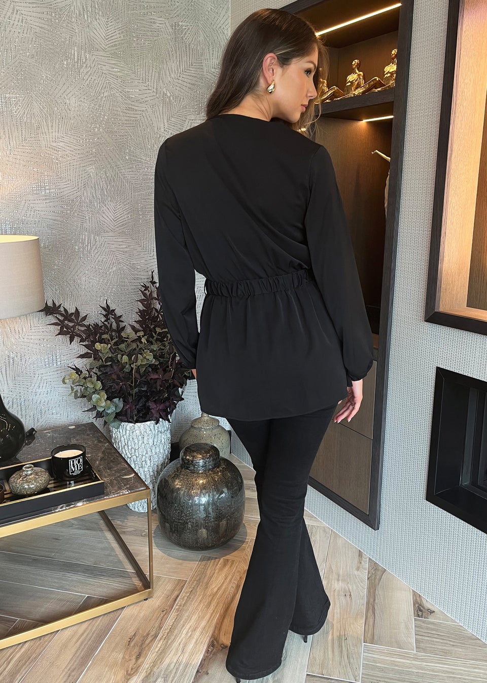 AX Paris Black Long Sleeve Gold Detail Belt Wrap Top