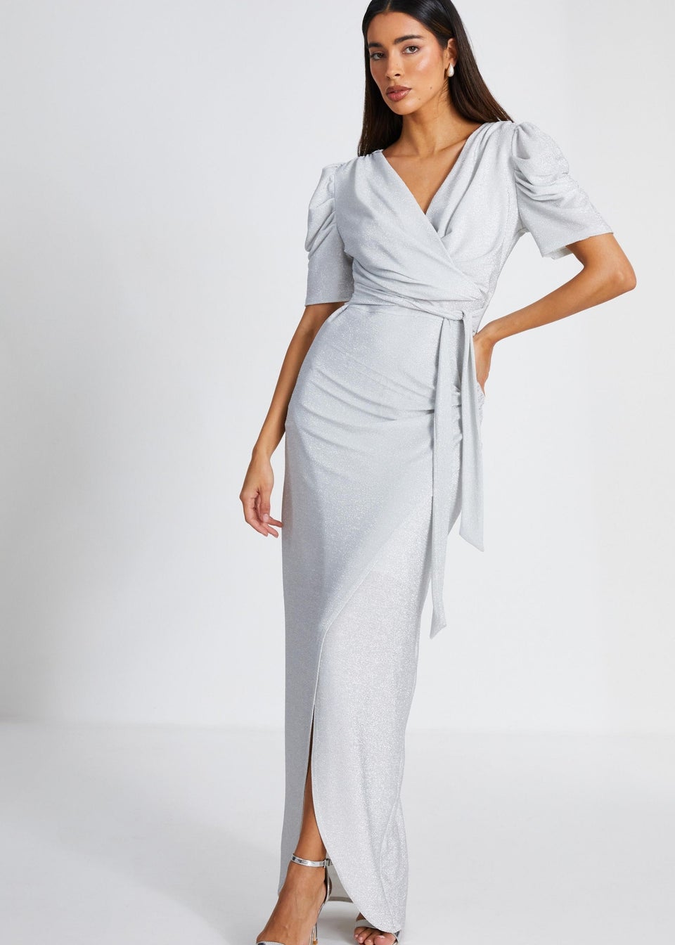 Quiz Silver Glitter Wrap Maxi Dress Matalan