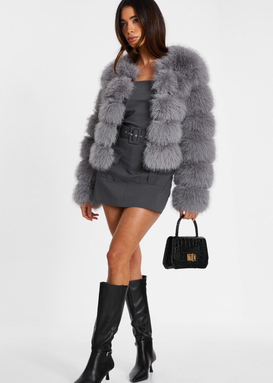 Quiz Grey Faux Fur Jacket