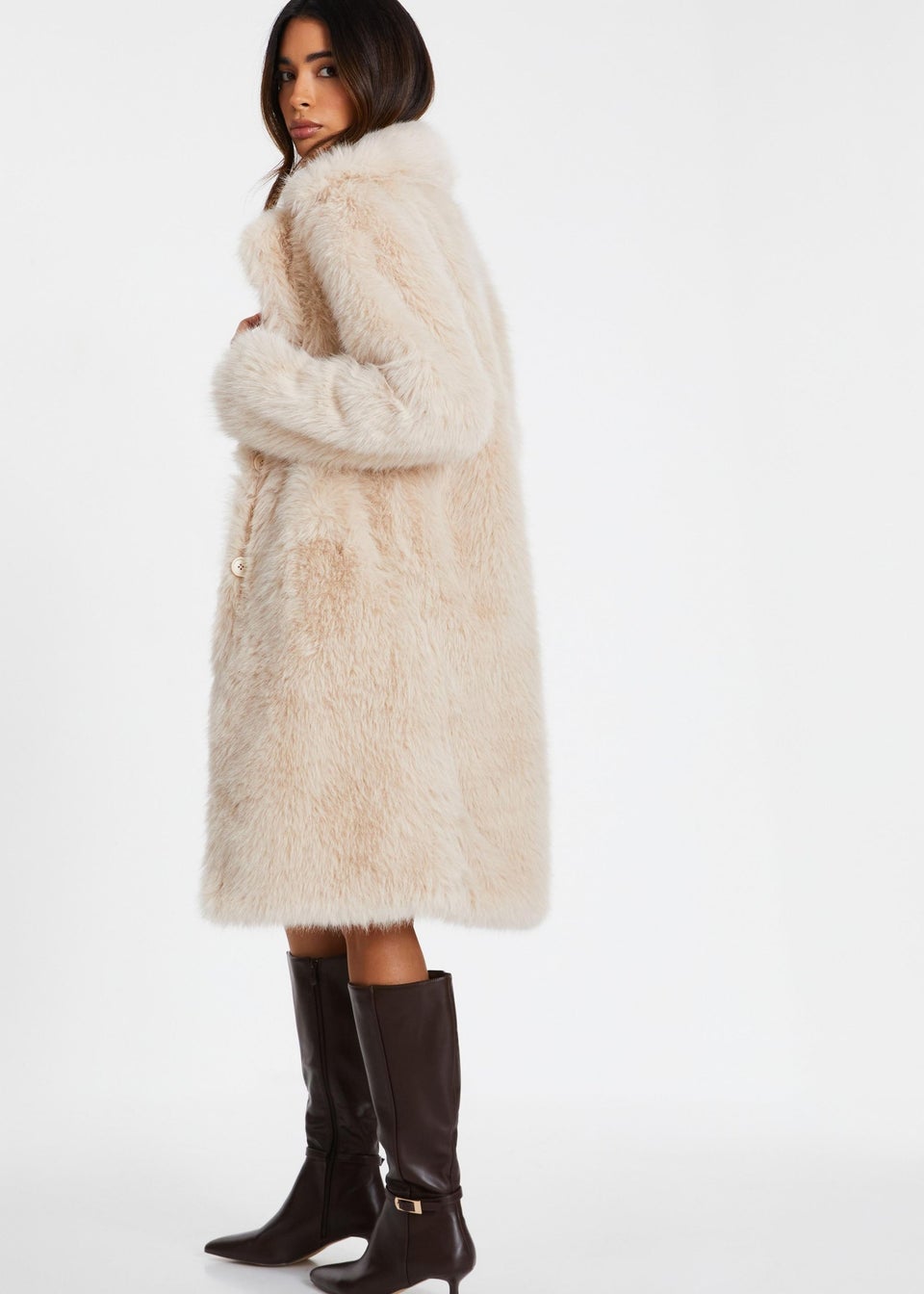 Quiz Cream Faux Fur Long Coat Matalan
