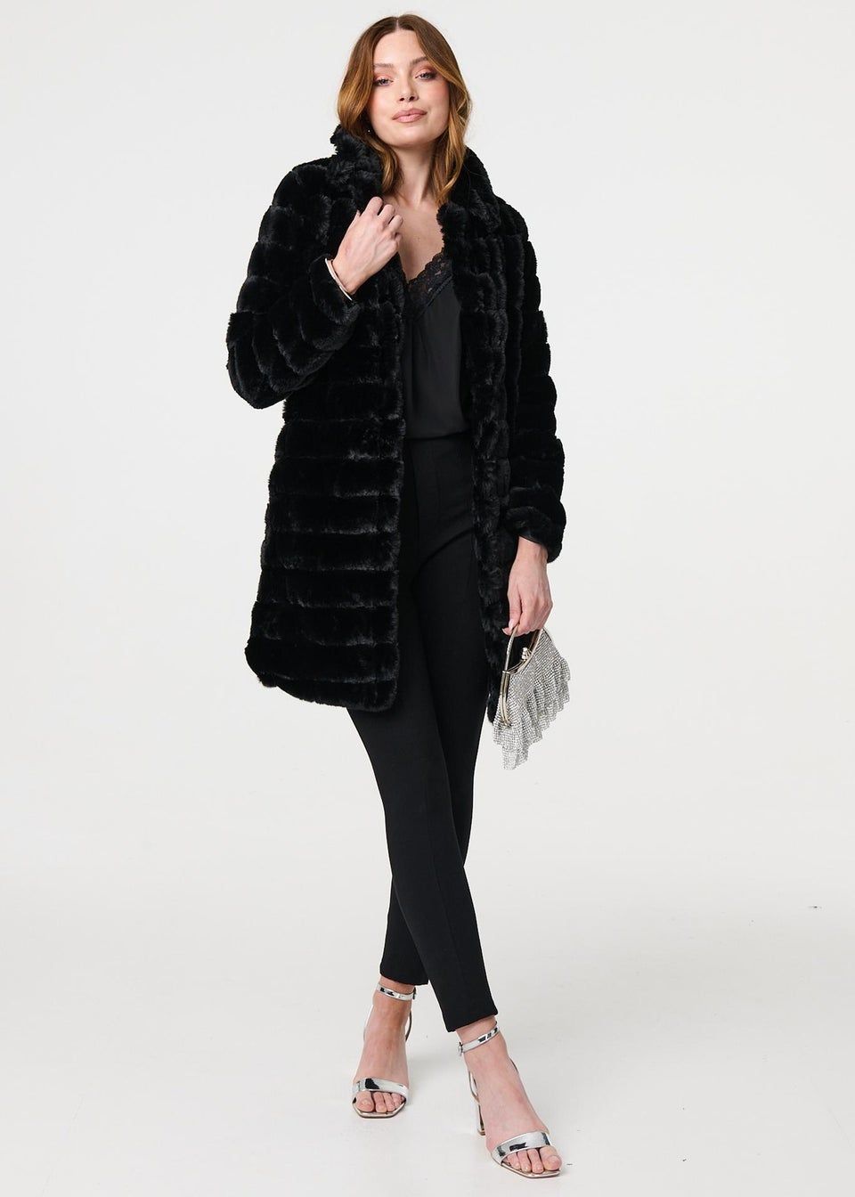 Izabel London Black Faux Fur Thigh Length Coat Matalan