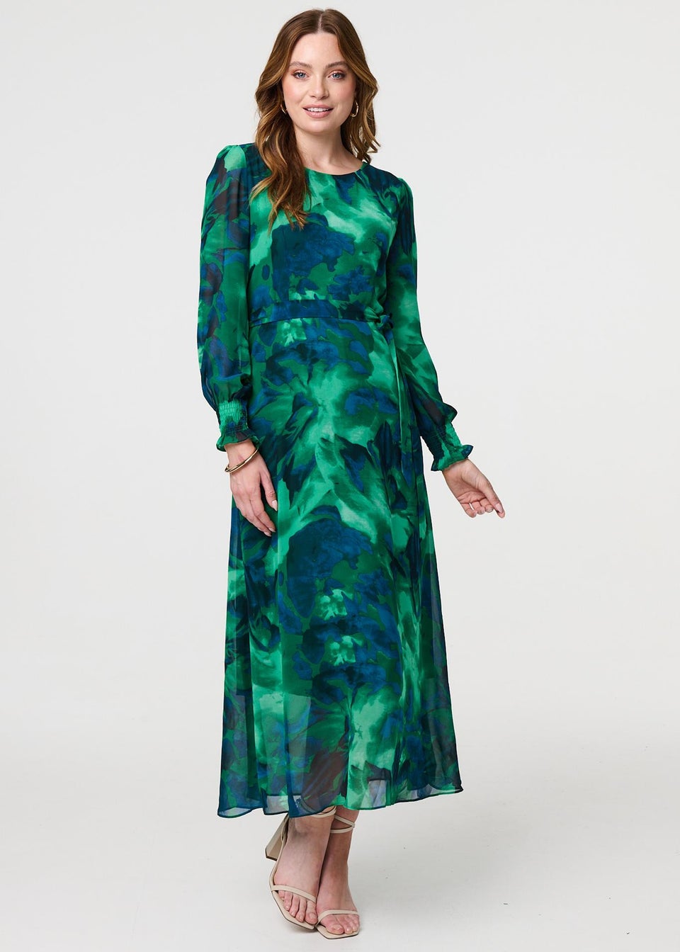 Izabel London Green Printed Long Sleeve Chiffon Midi Dress